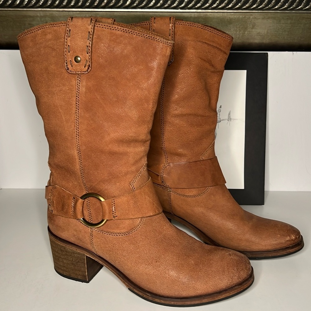 Johnston & Murphy Mid Calf Brown Leather Moto Style Pull On Harness Boots Size 8 - Picture 1 of 16
